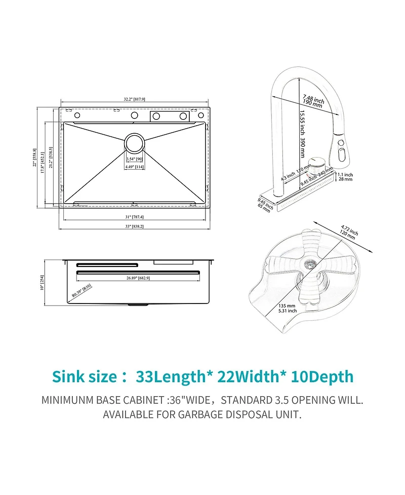 flynama 33x22x10inch 16 Gauge T304 Stainless Steel Drop In Waterfall Workstation Kitchen Sink with Pull Down Faucet and Cup Washer