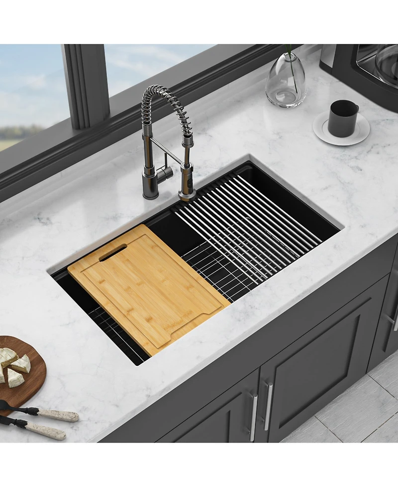 flynama 32x19x9.65inch Black Quartz Composite Undermount Kitchen Sink Workstation Granite Deep