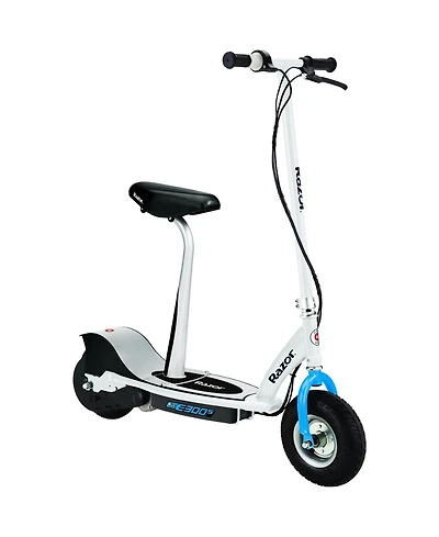 Razor E300S Seated Electric Scooter for Kids, Pneumatic Tires, Seat, White/Blue