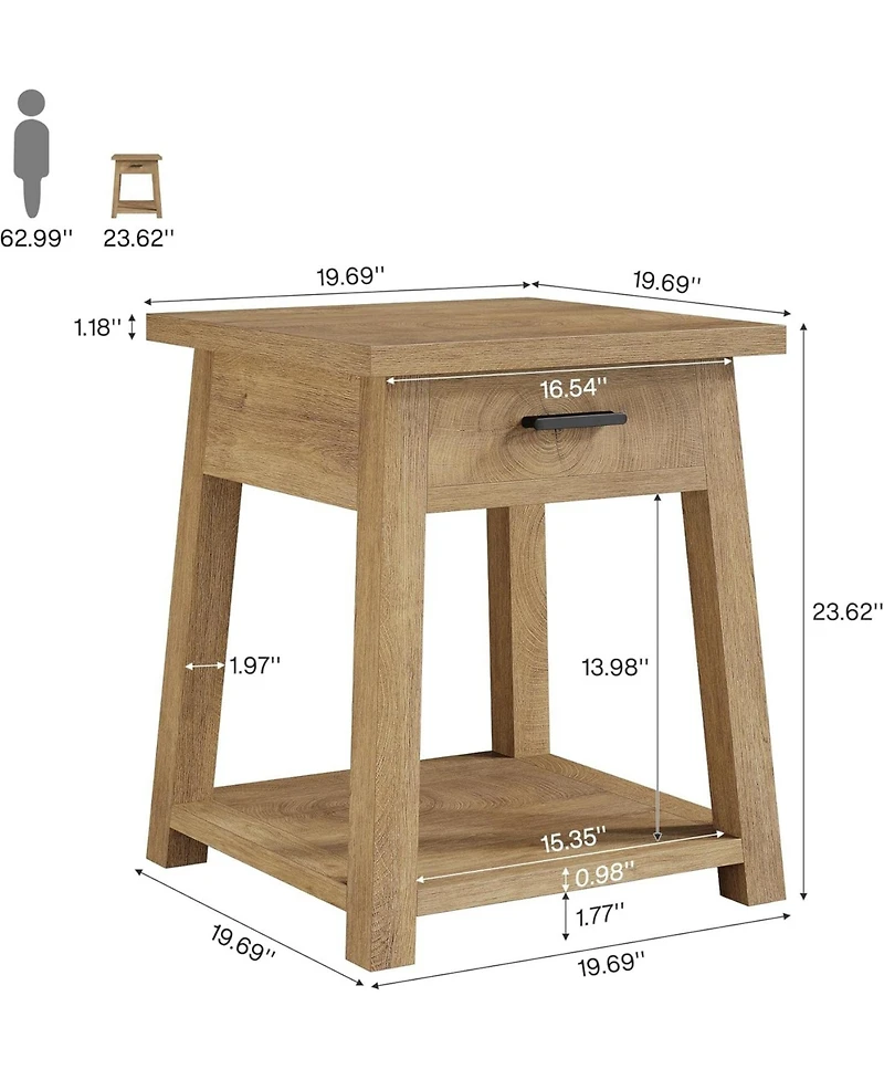 Tribesigns Farmhouse Square Side Table, 2 -Tier Wooden End Table with Drawer, Rustic Nightstands with Shelf Storage