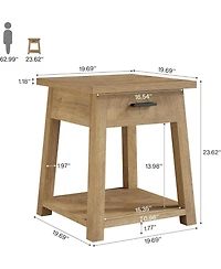 Tribesigns Farmhouse Square Side Table, 2 -Tier Wooden End Table with Drawer, Rustic Nightstands with Shelf Storage