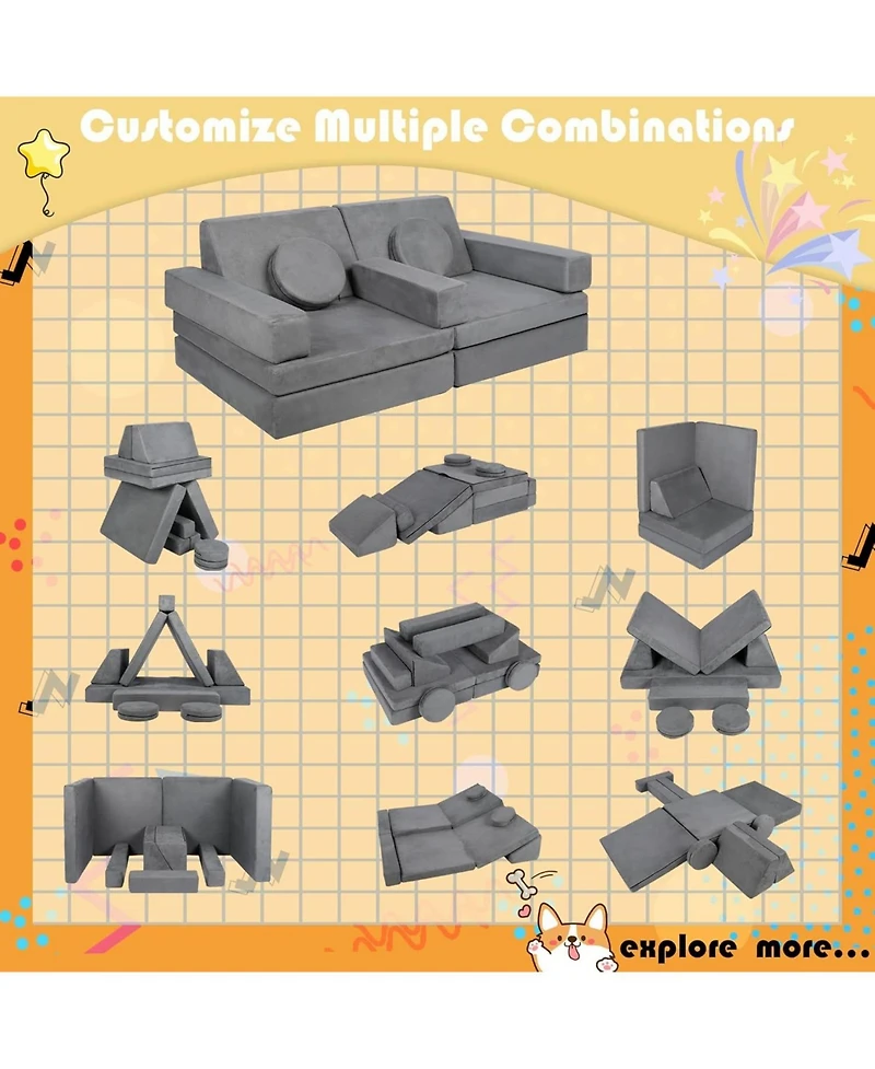 Kinder King 9-Piece Kids Modular Play Sofa, Convertible Foam Couch for Playroom, Grey