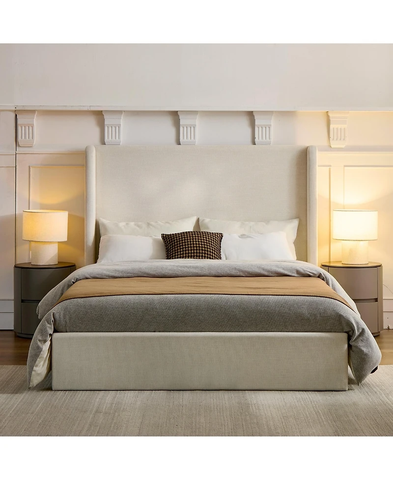 Boyel Living Carmen Upholstered Wingback Bed Frame with 54" Headboard, Textured Ivory Chenille