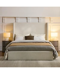 Boyel Living Carmen Upholstered Wingback Bed Frame with 54" Headboard, Textured Ivory Chenille