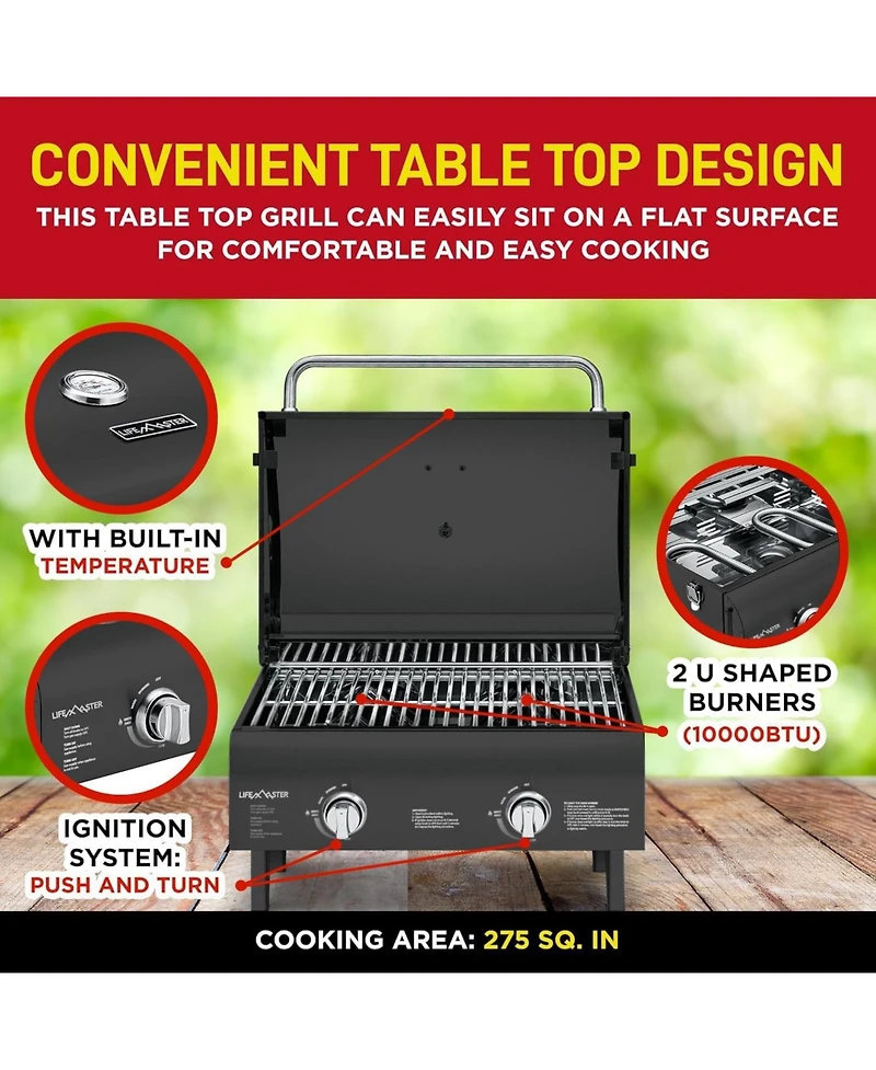 Lifemaster Portable 2-Burner Propane Gas Grill, Stainless Steel Tabletop Bbq with Foldable Legs, Wind-Resistant Lid, Easy-Clean, Camping