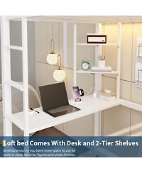 gaomon Twin Loft Bed with Desk, 4 Large Fabric Drawers and Open Shelves, Heavy Duty Metal Led Lights