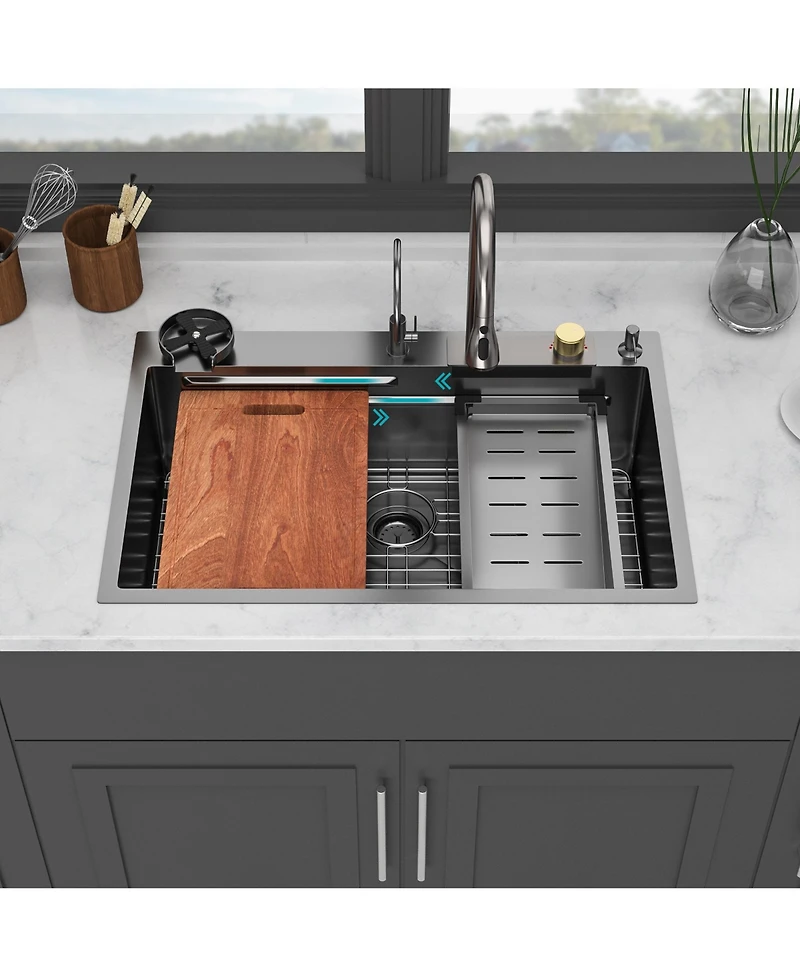 flynama 33x22x10inch Gunmetal Black Waterfall Kitchen Sink Drop In Stainless Steel Workstation