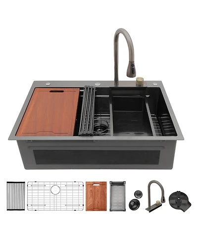 flynama 33x22x10inch Gunmetal Black Waterfall Kitchen Sink Drop In Stainless Steel Workstation
