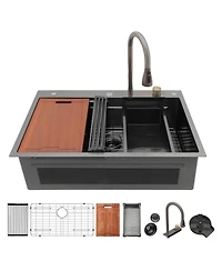 flynama 33x22x10inch Gunmetal Black Waterfall Kitchen Sink Drop In Stainless Steel Workstation