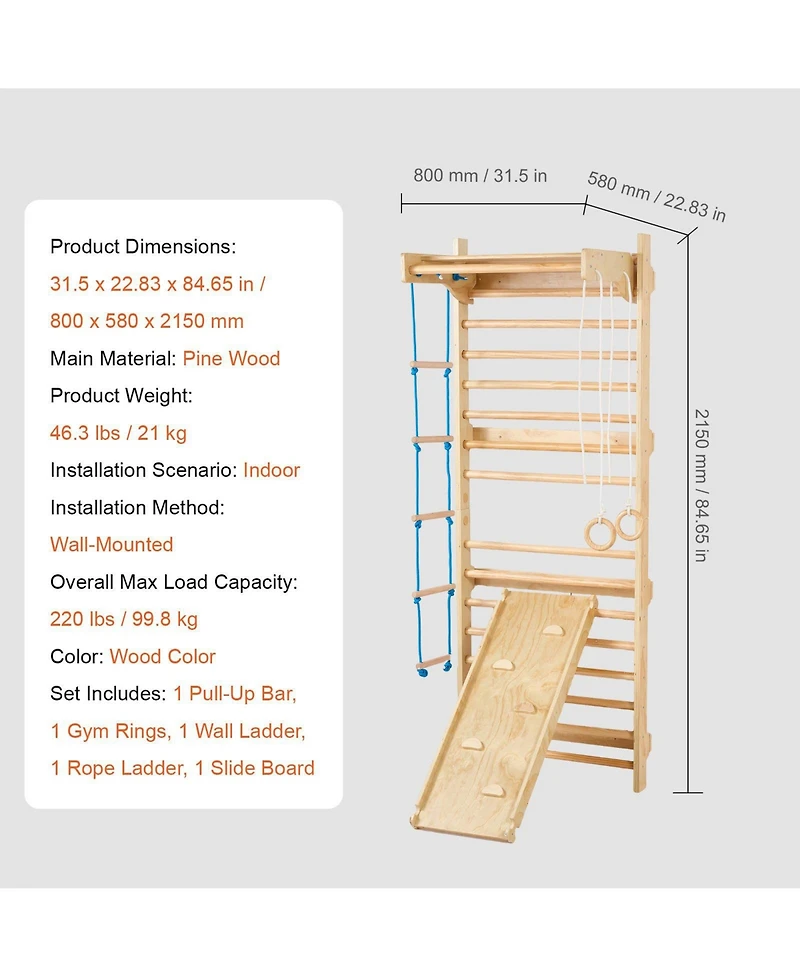 Mecale Swedish Ladder Wall Gym, 5-in-1 Indoor Climbing Set w/ Pull-Up Bar, Rings, Rope Ladder & Slide Board