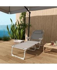 Outsunny Folding Chaise Lounge, Outdoor Sun Tanning Chair, Four-Position Reclining Back, Armrests, Iron Frame & Mesh Fabric for Beach, Yard, Patio, Bl