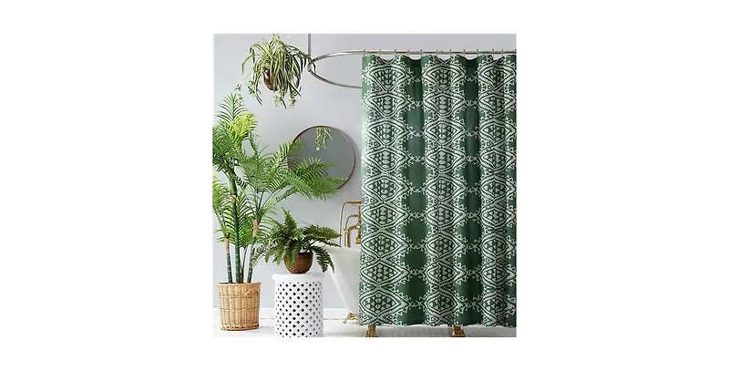 Slickblue Green White Geometric Motif Cotton Poly Shower Curtain 72x72