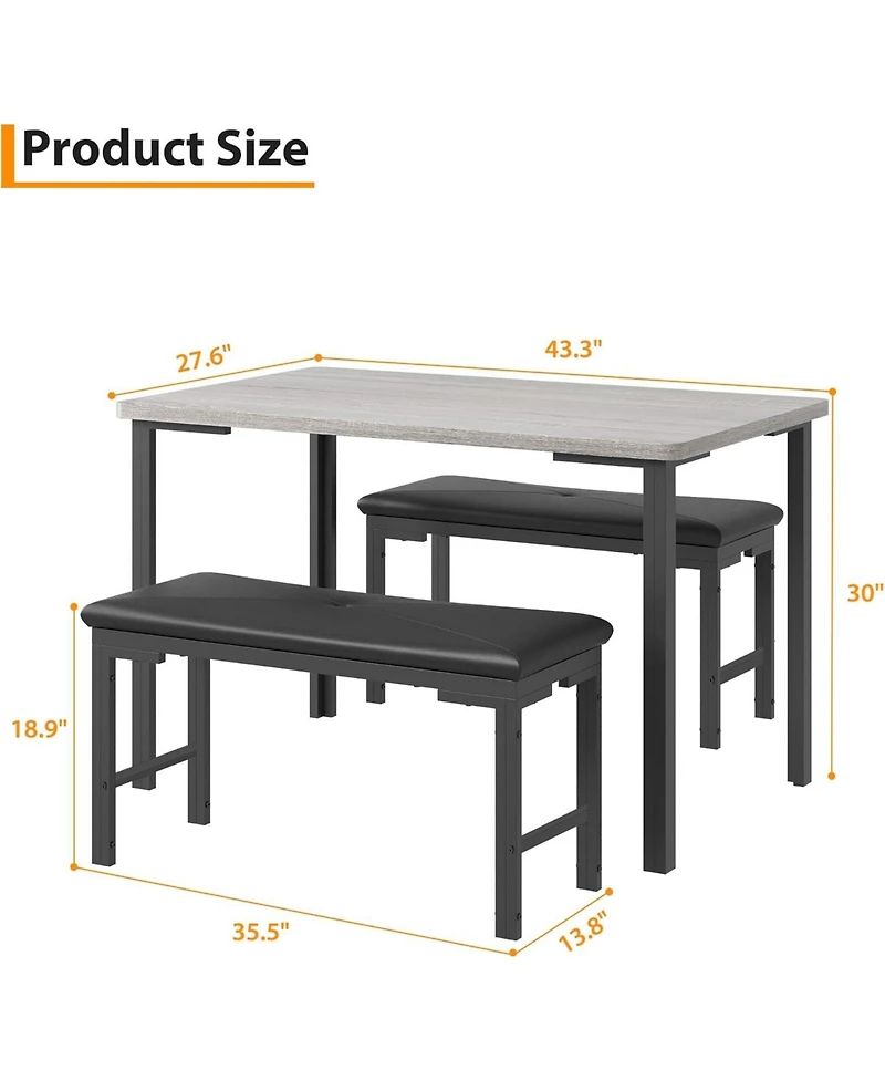 gaomon Dining Table Set for 4, 3-Piece Kitchen with 2 Upholstered Benches, Space-Saving Room Breakfast Nook and Small Spaces