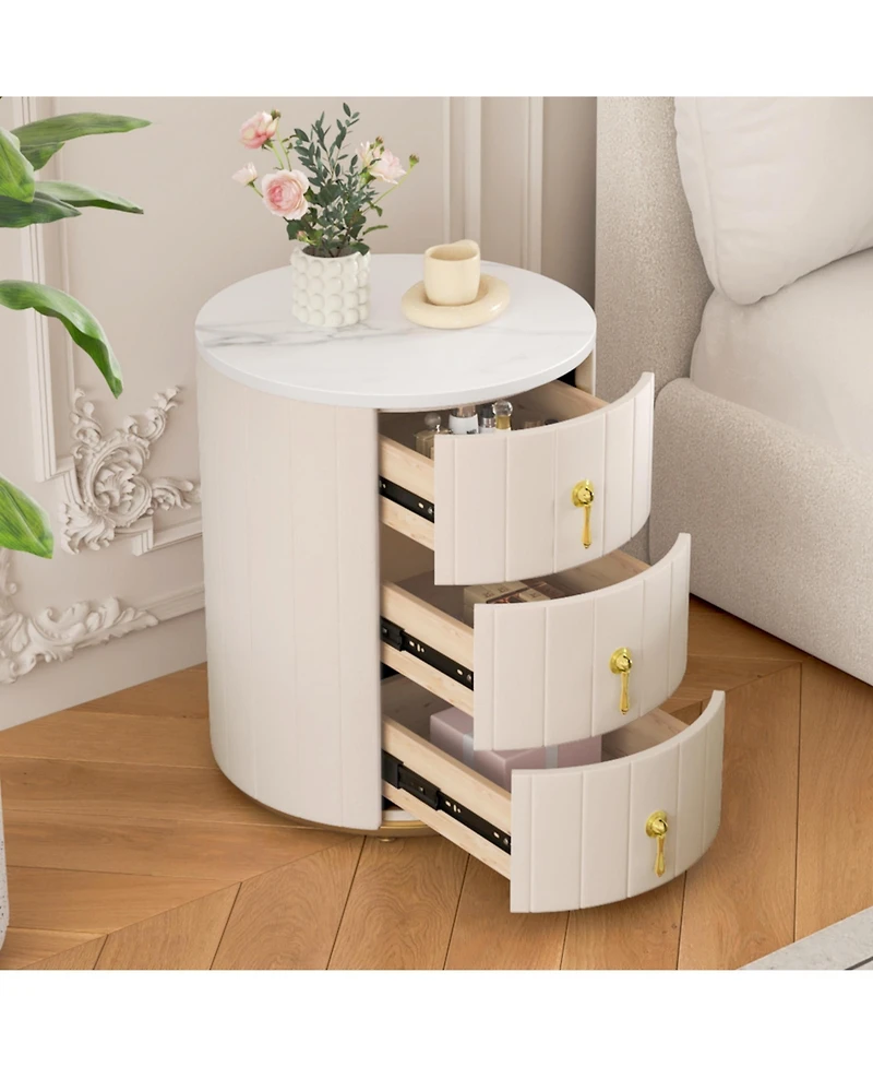 Cesicia Round Upholstered Nightstand Bedside Table with 3 Drawers, Metal Handles, Marbling Stickers Top for Bedroom, Fully Assembled Except Handles