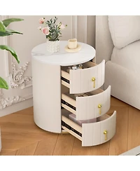 Cesicia Round Upholstered Nightstand Bedside Table with 3 Drawers, Metal Handles, Marbling Stickers Top for Bedroom, Fully Assembled Except Handles