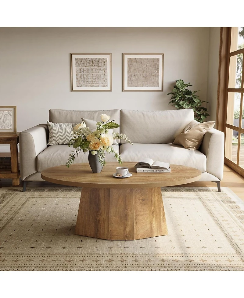 Tribesigns Oval Coffee Table, 47-Inch Living Room Table with Polygonal Pedestal, Modern Center Accent Furniture, Child-Friendly, Yellowish Brown