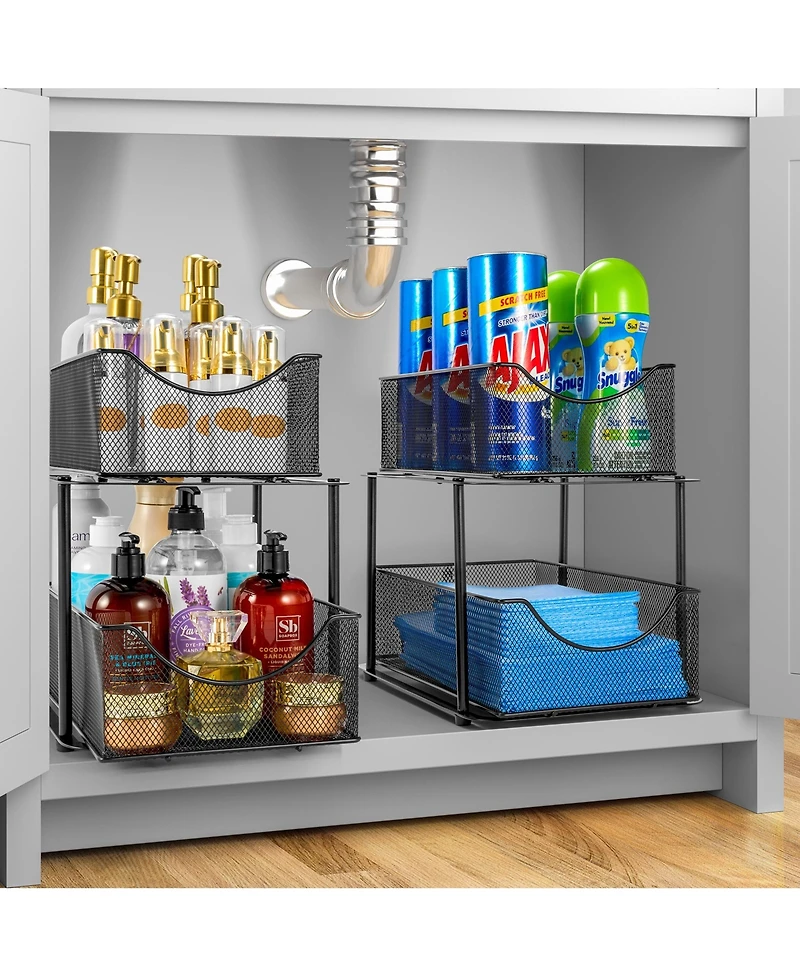 Sorbus 2 Tier Baskets with Mesh Sliding Drawers - Ideal Cabinet, Under the Sink Great for Bathroom, Kitchen, Office, etc