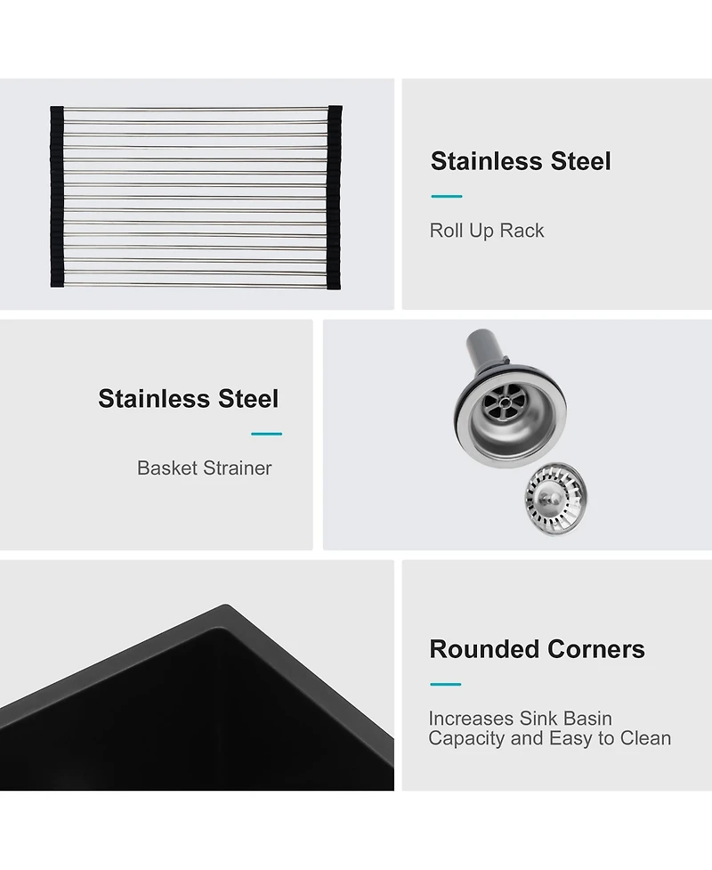 flynama huluwat Black Quartz Composite Kitchen Sink Double Bowl Undermount