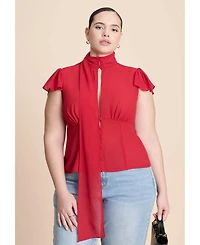 Eloquii Women's Flutter Sleeve Top With Necktie