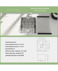 flynama 13x15x9inch Undermount Kitchen Sink Stainless Steel Single Bowl 16 Gauge Bar Prep