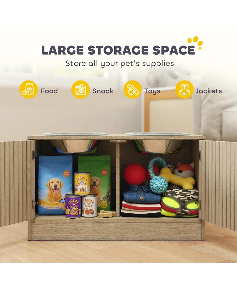 Aostirmotor 23.6 in. Wide Dog Bowls with Storage Cabinet in Oak