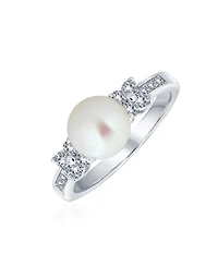 Bling Jewelry Classic White Culture Pearl Cocktail Ring Cz Side Accent Band Silver Plated