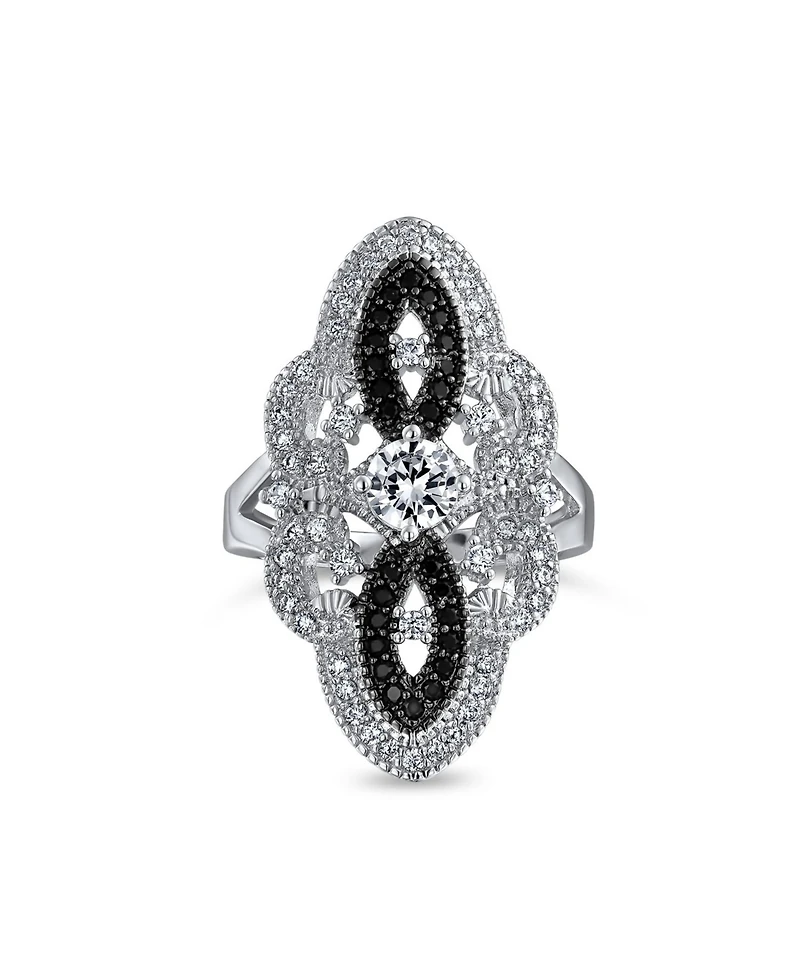 Bling Jewelry Art Deco Black White Cz Filigree Statement Full Finger Ring Silver Plated