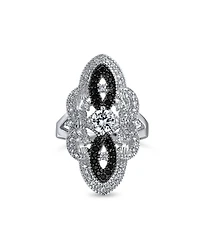 Bling Jewelry Art Deco Black White Cz Filigree Statement Full Finger Ring Silver Plated