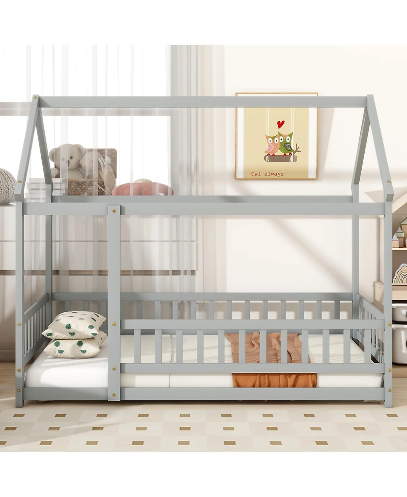 Cesicia Twin House-Shaped Floor Bed with Fence & Roof Frame Wooden Play for Kids Room