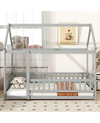 Cesicia Twin House-Shaped Floor Bed with Fence & Roof Frame Wooden Play for Kids Room