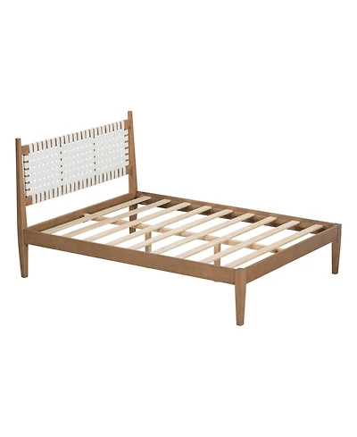 Boyel Living Queen Bed with Woven White Leather Back and Natural Wood Frame