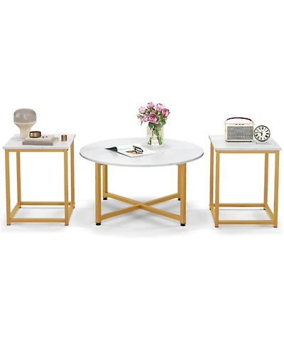 Costway 3 Pcs Coffee Table Set Round and 2 Square End Tables Metal Frame