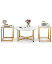 Costway 3 Pcs Coffee Table Set Round and 2 Square End Tables Metal Frame