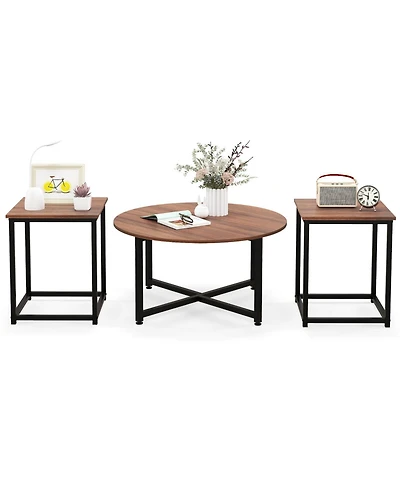 Costway 3 Pcs Coffee Table Set Round and 2 Square End Tables Metal Frame