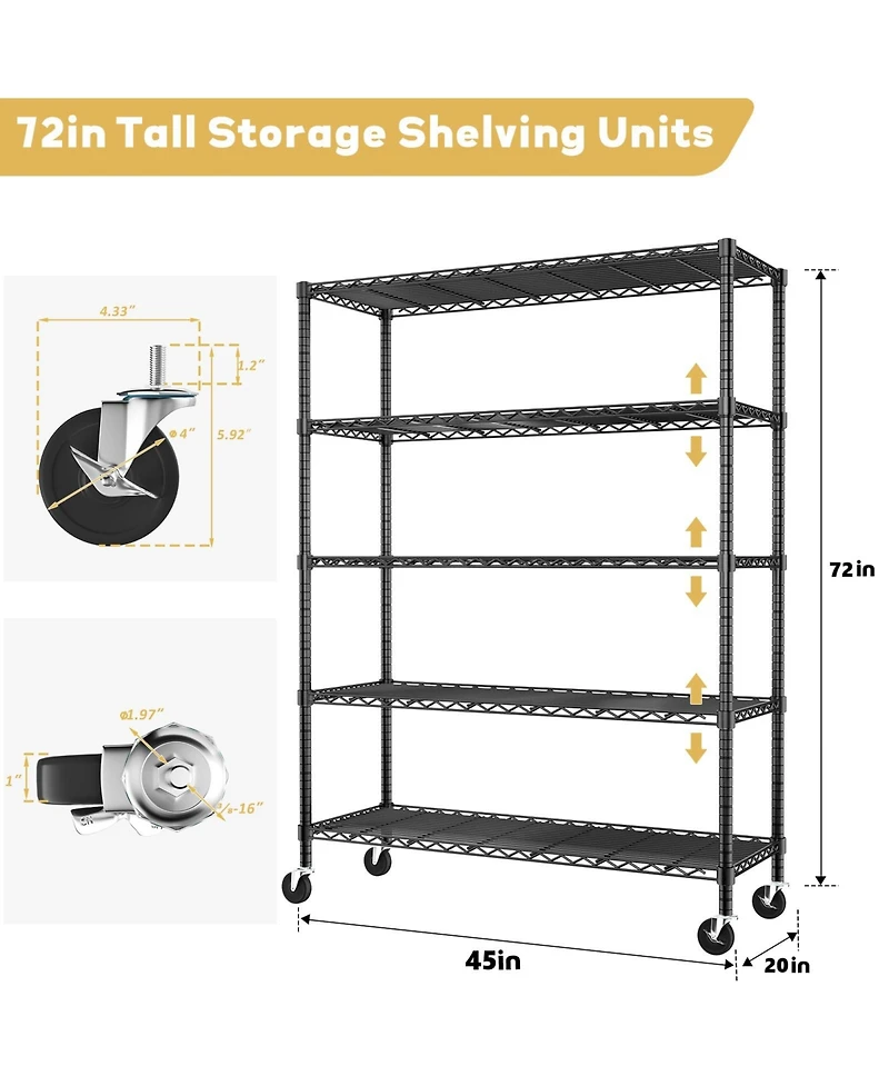 Lovmor 5-Tier 45 in W x 78 in H x 20 in D Height Adjustable Garage Wire Shelving Unit with wheels