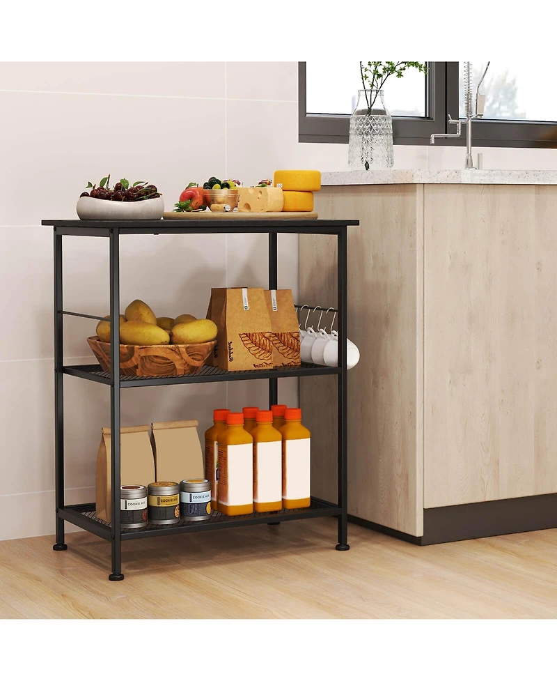 Costway 3-Tier Kitchen Serving Cart Utility Standing Microwave Rack with Hooks Rustic