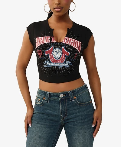 True Religion Women's Short Sleeve Distressed Buddha T-Shirt