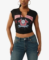 True Religion Women's Short Sleeve Distressed Buddha T-Shirt