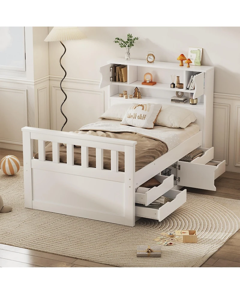 Boyel Living Twin Size Captain Platform Bed Frame with Storage Bookcases and Shelves,Four Drawers