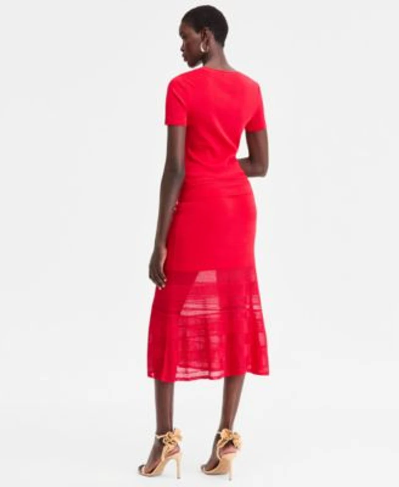 I.N.C. International Concepts Pointelle Stripe Short Sleeve Sweater Midi Skirt