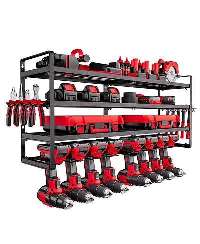 Mecale Wall-Mount Tool Organizer, 4-Tier Rack with 8 Drill Holders & Screwdriver Slots.