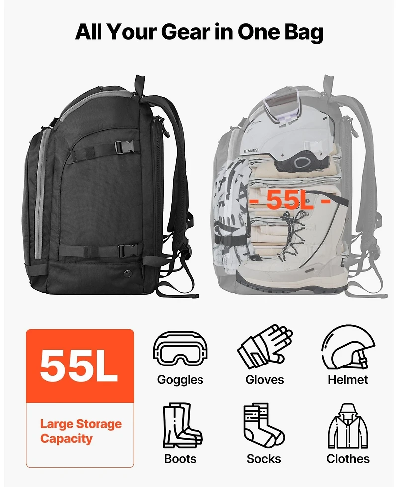 Mecale 55L Ski Boot Bag Travel Backpack, Waterproof Exterior and Bottom, Durable 1680D Oxford, for Men and Women, Black