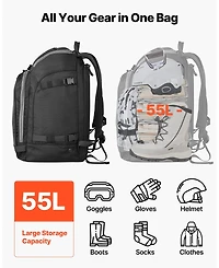 Mecale 55L Ski Boot Bag Travel Backpack, Waterproof Exterior and Bottom, Durable 1680D Oxford, for Men and Women, Black