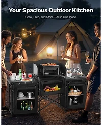 Mecale Camping Kitchen Table, Aluminum Portable Cook Station with 3 Storage Cupboards, Detachable Windscreen, Carrying Bag, Black
