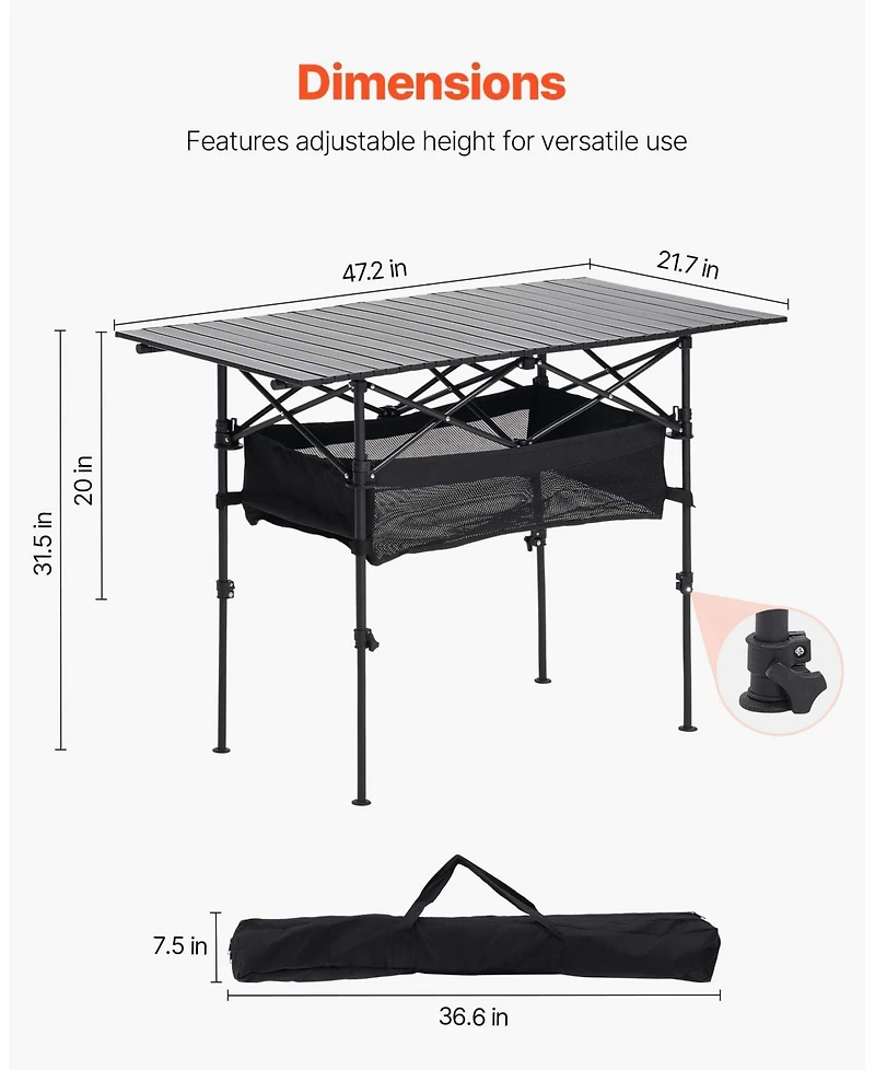 Mecale Roll-Up Folding Camping Table, Adjustable Height Aluminum, Storage Bag & Carry Bag, Black