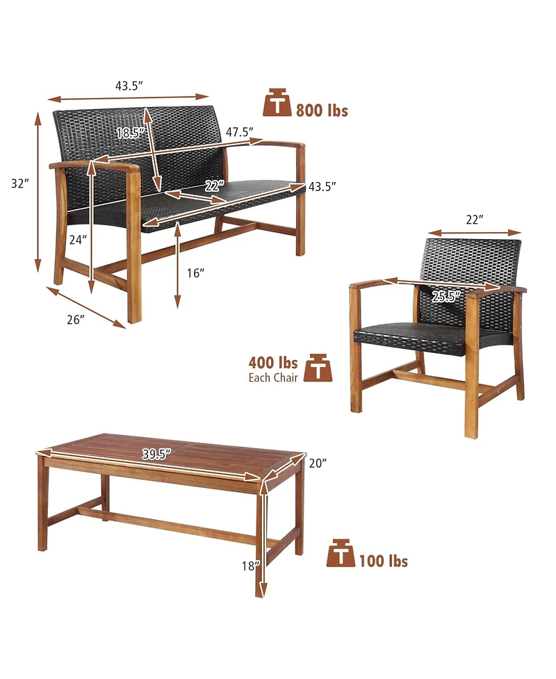 Slickblue 4PCS Patio Rattan Seating Set with Acacia Wood Base