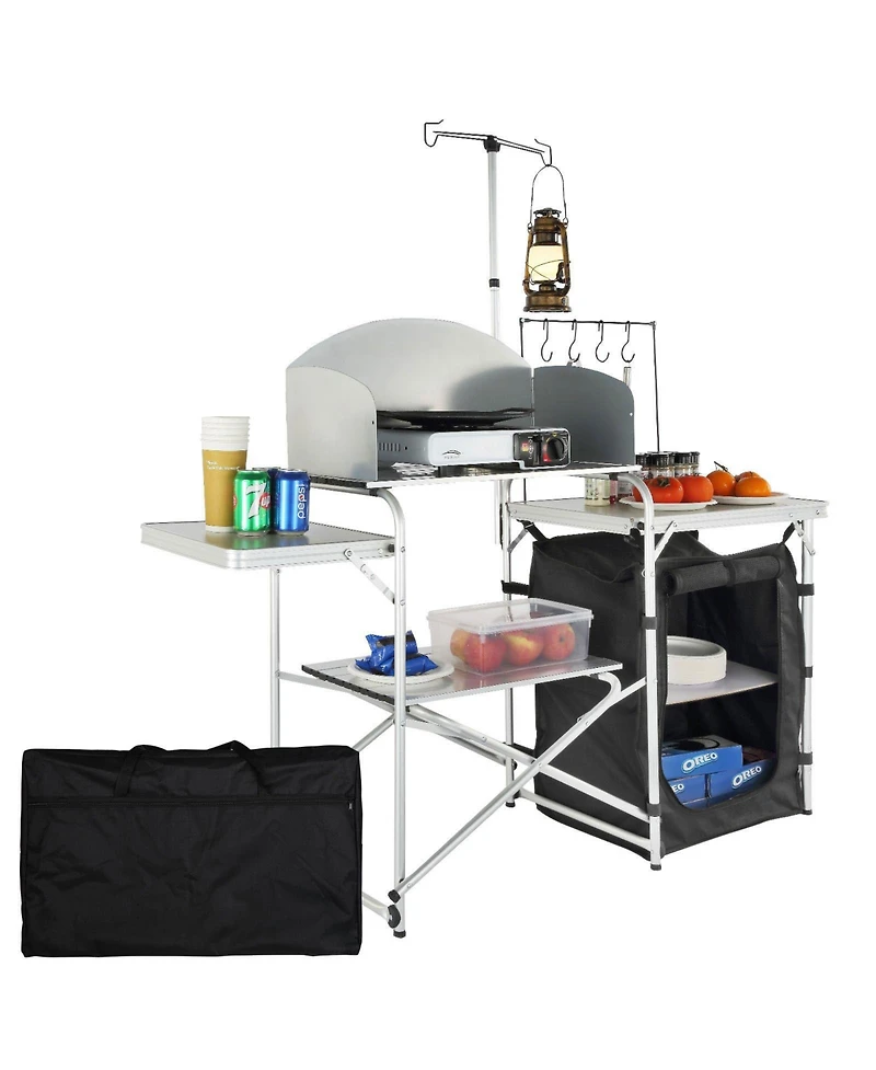 Mecale Camping Kitchen Table, Folding Aluminum Cook Station with Cupboard, Detachable Windscreen, Carrying Bag, Quick Setup, Black