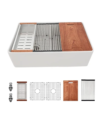 flynama huluwat 33x20x10inch White Farmhouse Sink Ceramic Porcelain Double Bowl Workstation Kitchen