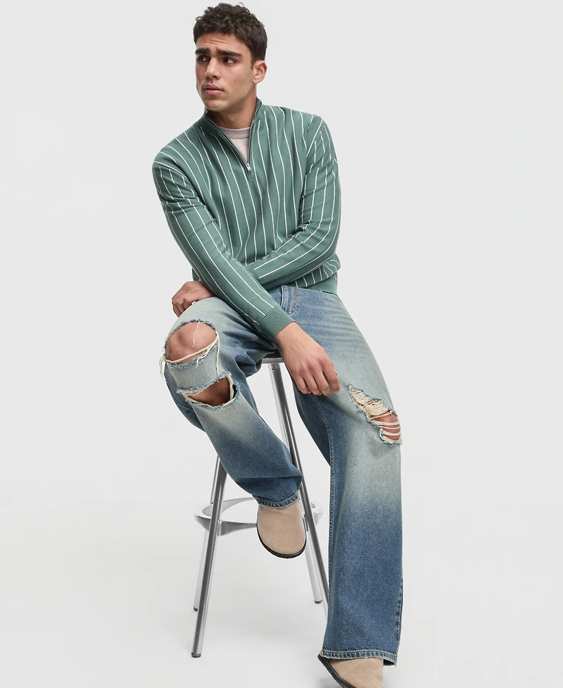 Mode of One Men's Relaxed-Fit Long-Sleeve Stripe Quarter-Zipper Sweater, Macy's Exclusive
