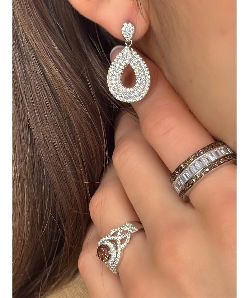 Suzy Levian Sterling Silver Cubic Zirconia Triple Row Tear Drop Dangle Earrings